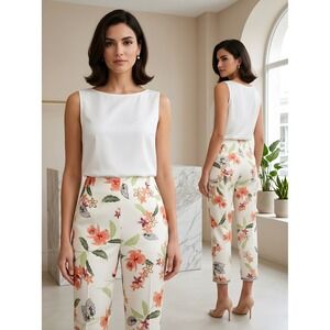 Talbots Petites 14P Pure Silk Floral Cropped Ankle Pants Ivory Lined Side Zip